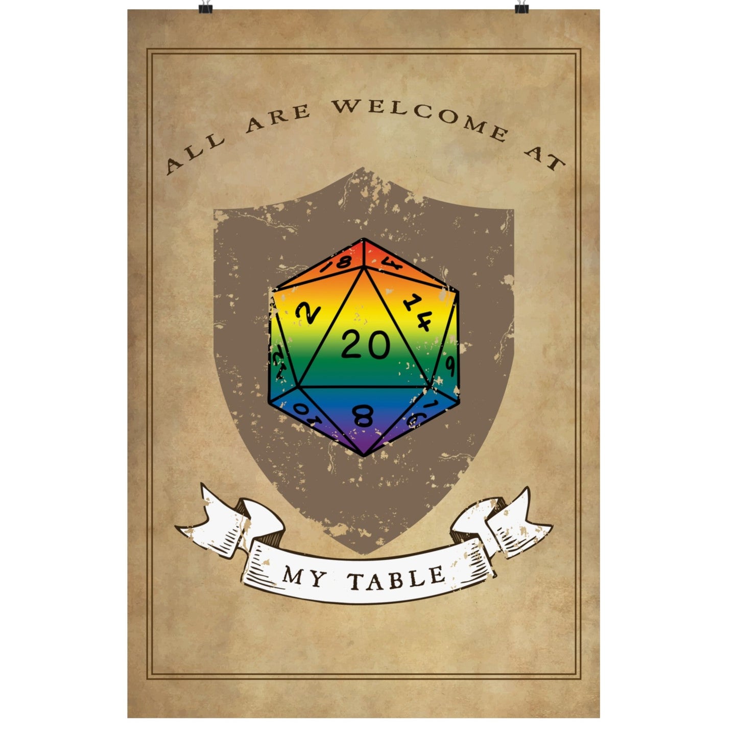 Decorative poster with a rainbow-colored D20 die and 'All are welcome at my table' text on a brown background.