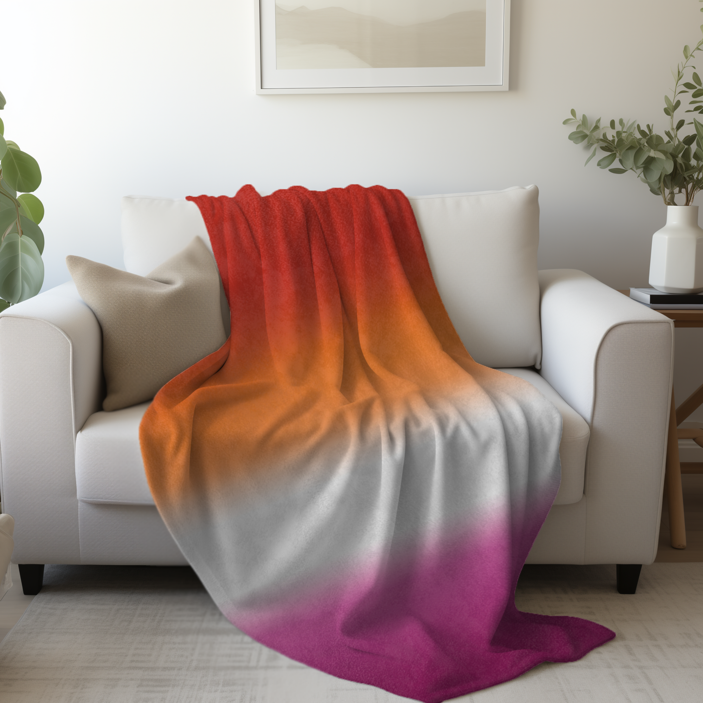 Lesbian flag gradient blanket draped over a white armchair in a living room setting.