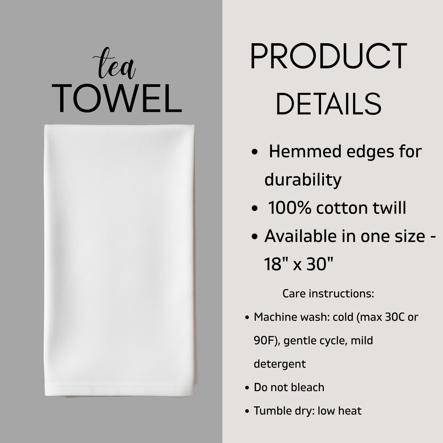 White tea towel with product details on a gray background