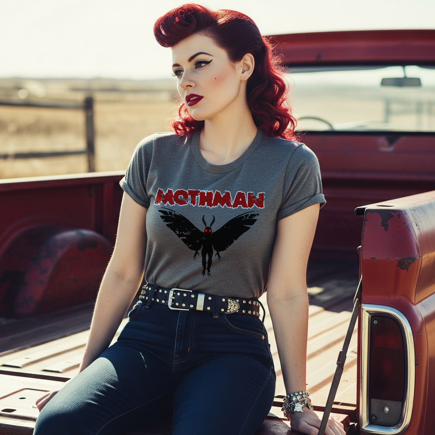 Woman wearing a t-shirt with 'Mothman' design sitting in the bed of a red pickup truck.