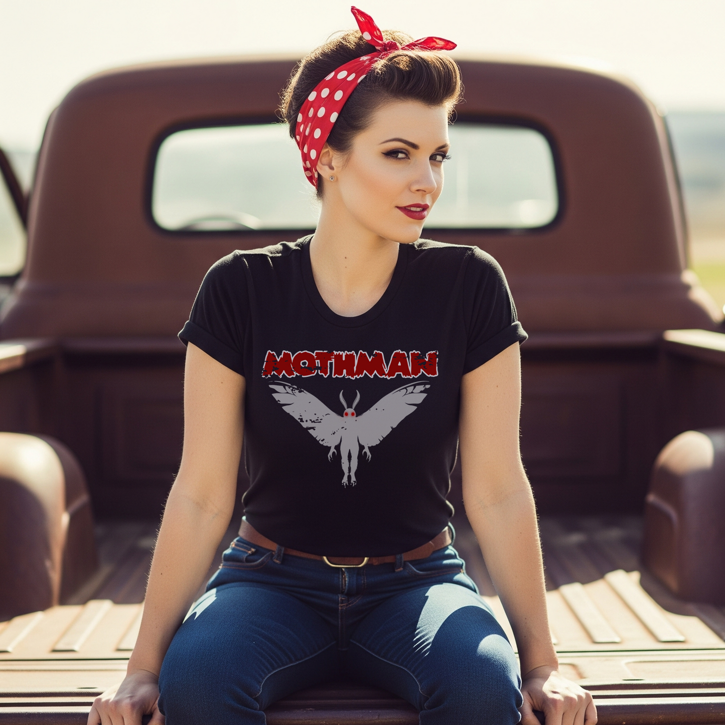 Woman wearing a black t-shirt with 'Mothman' design sitting in the bed of a vintage truck.