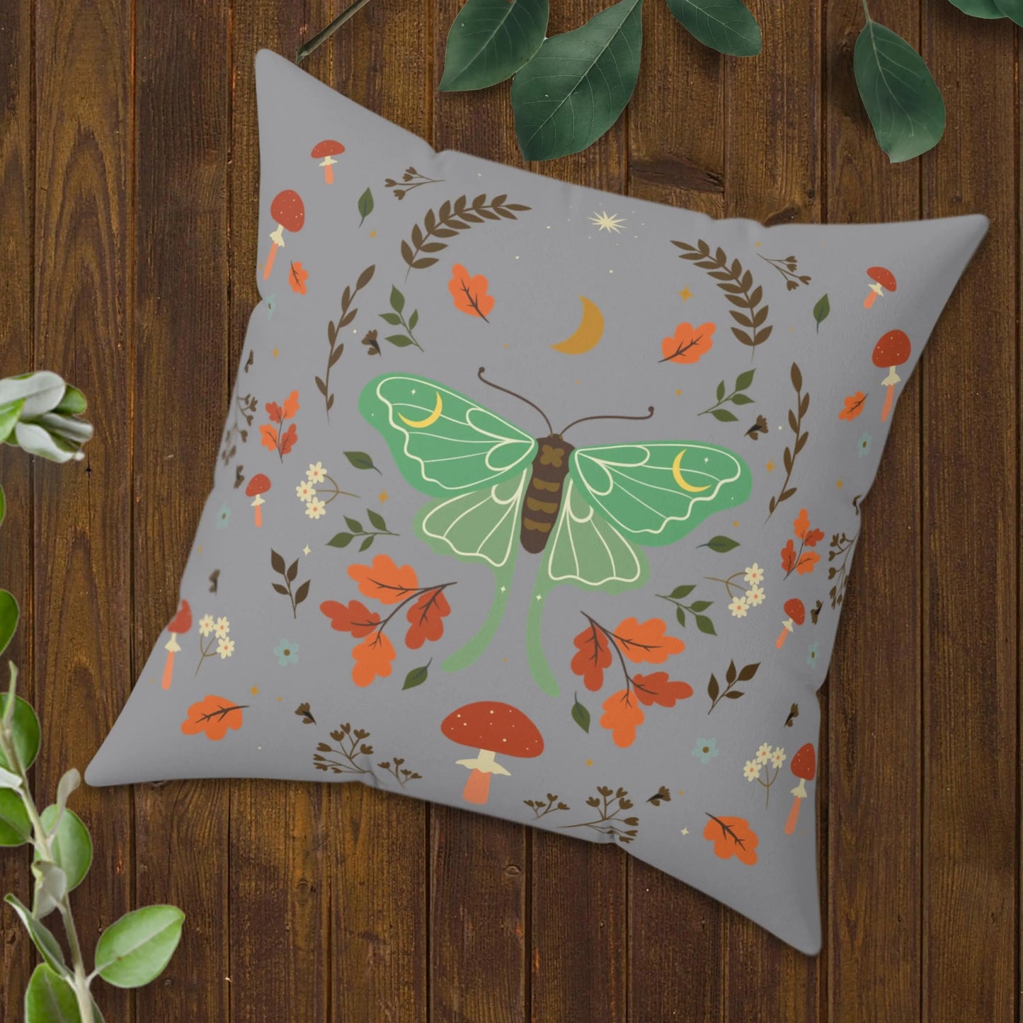 Cottagecore Dark Academia Luna Moth and Mushrooms Throw Pillow
