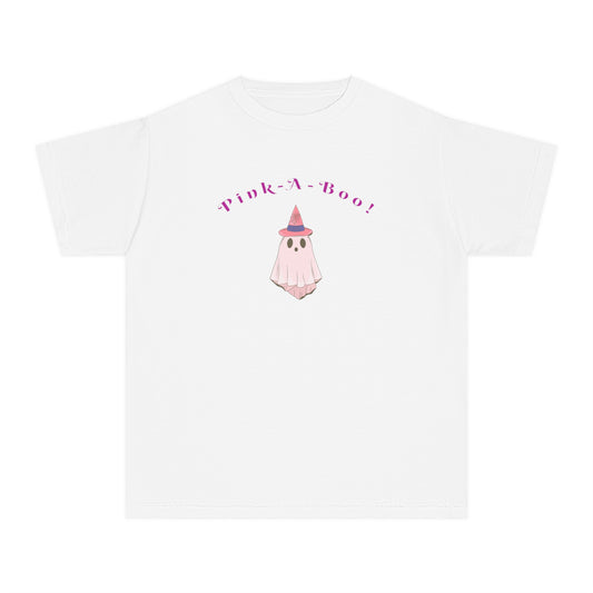 Pink-a-Boo! Cute Ghost Witch Kids Halloween T-ShirtYouth Midweight Tee