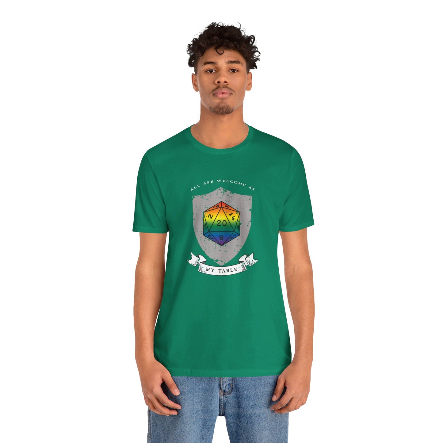 All Are Welcome At My Table | Ally | Game Mater| Dungeon Master | Pride Flag D20 T-Shirt | Unisex T-Shirt | Nerdy Non-Binary Pride