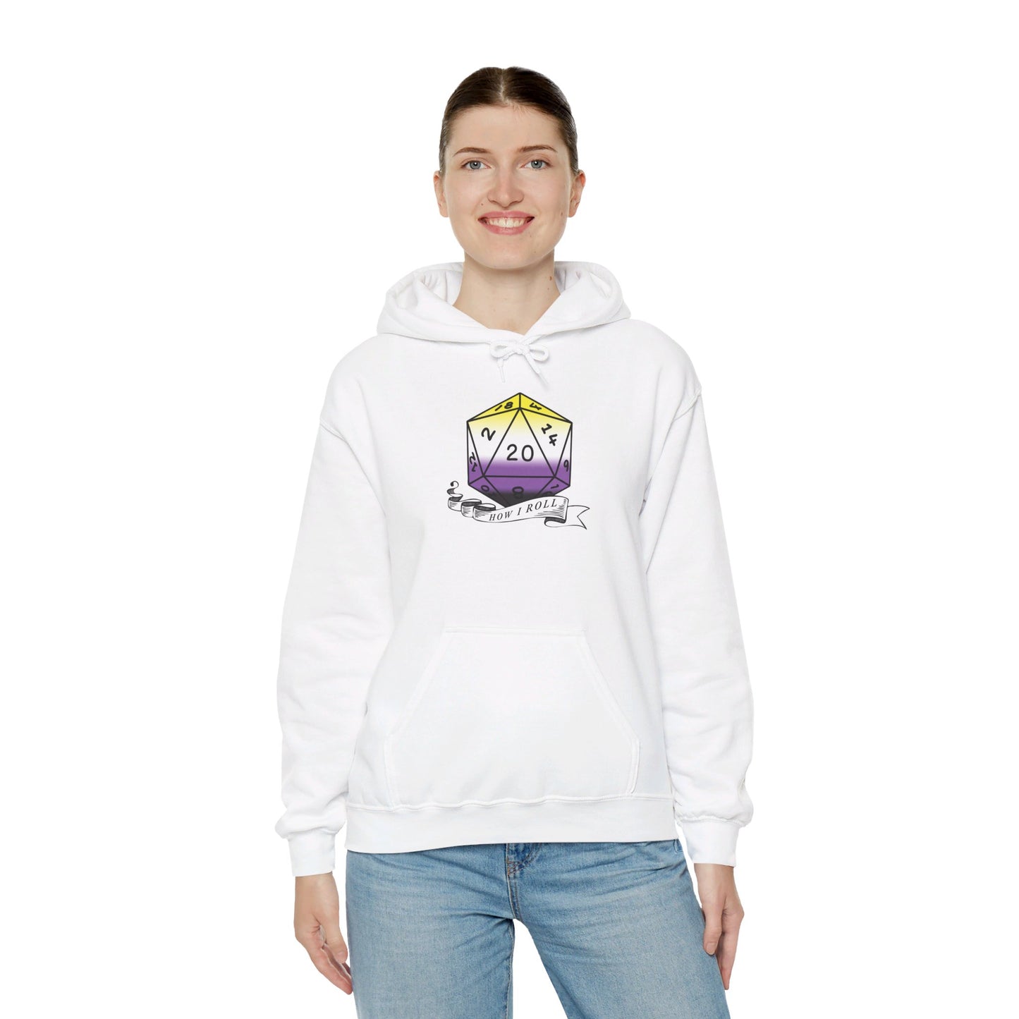 Nerdy Non-Binary Flag Pride | How I Roll | Pride Flag D20 Hoodie | Unisex Heavy Blend™ Hooded Sweatshirt