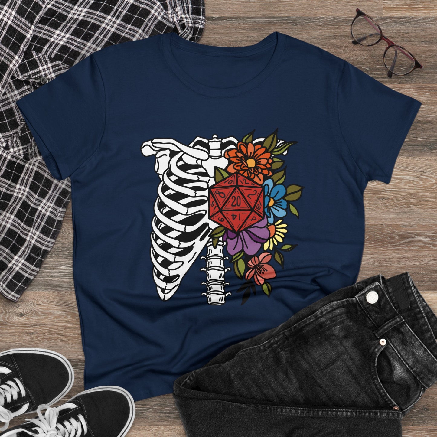 D20 Floral Skeleton Ribcage Women's Midweight Cotton Tee