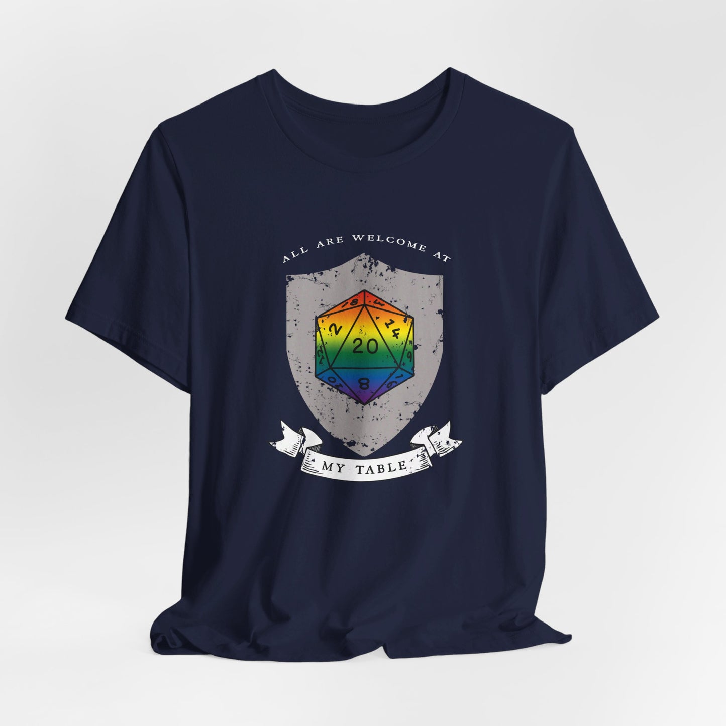 All Are Welcome At My Table | Ally | Game Mater| Dungeon Master | Pride Flag D20 T-Shirt | Unisex T-Shirt | Nerdy Non-Binary Pride