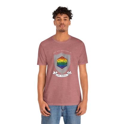 All Are Welcome At My Table | Ally | Game Mater| Dungeon Master | Pride Flag D20 T-Shirt | Unisex T-Shirt | Nerdy Non-Binary Pride