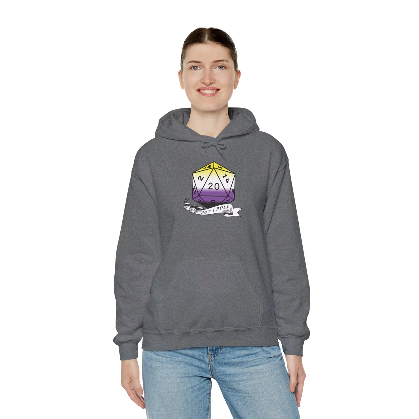 Nerdy Non-Binary Flag Pride | How I Roll | Pride Flag D20 Hoodie | Unisex Heavy Blend™ Hooded Sweatshirt