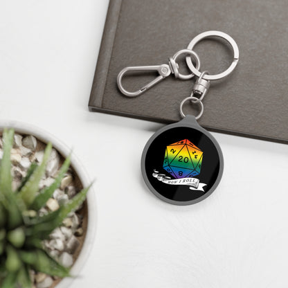 D20 Rainbow Pride Flag Keychain, "How I Roll", LGBTQ Pride Keyring Bag Tag