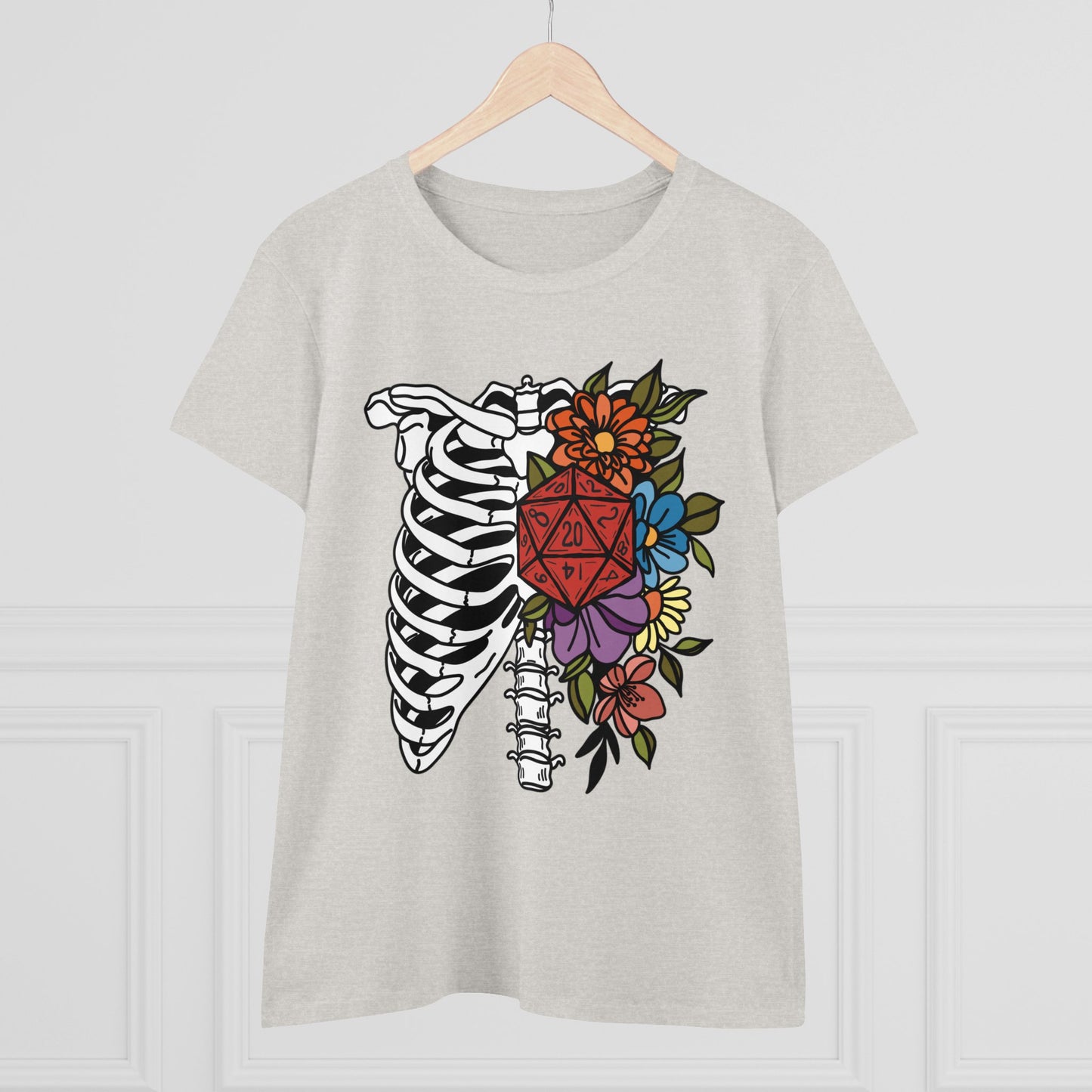 D20 Floral Skeleton Ribcage Women's Midweight Cotton Tee