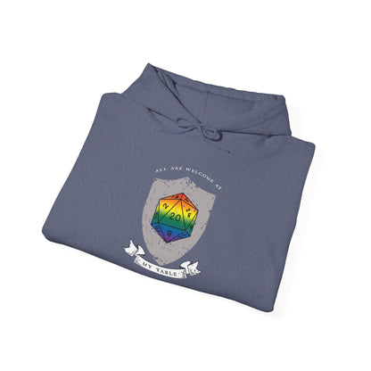 All Are Welcome At My Table | Ally | Game Master| Dungeon Master | Nerdy Pride Flag D20 T-Shirt | Unisex Heavy Blend™ Hooded Sweatshirt