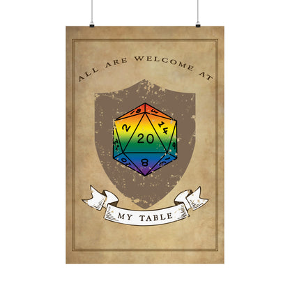 TTRPG D20 Pride Flag All Are Welcome At My Table Matte Vertical Poster