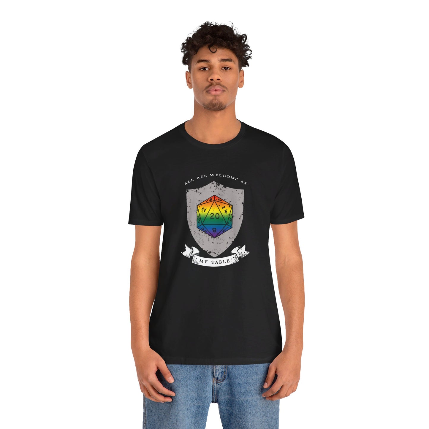 All Are Welcome At My Table | Ally | Game Mater| Dungeon Master | Pride Flag D20 T-Shirt | Unisex T-Shirt | Nerdy Non-Binary Pride