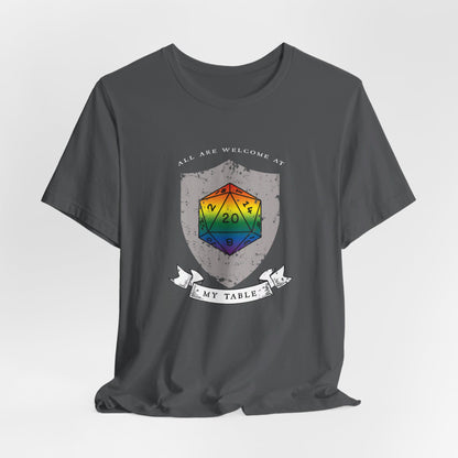 All Are Welcome At My Table | Ally | Game Mater| Dungeon Master | Pride Flag D20 T-Shirt | Unisex T-Shirt | Nerdy Non-Binary Pride