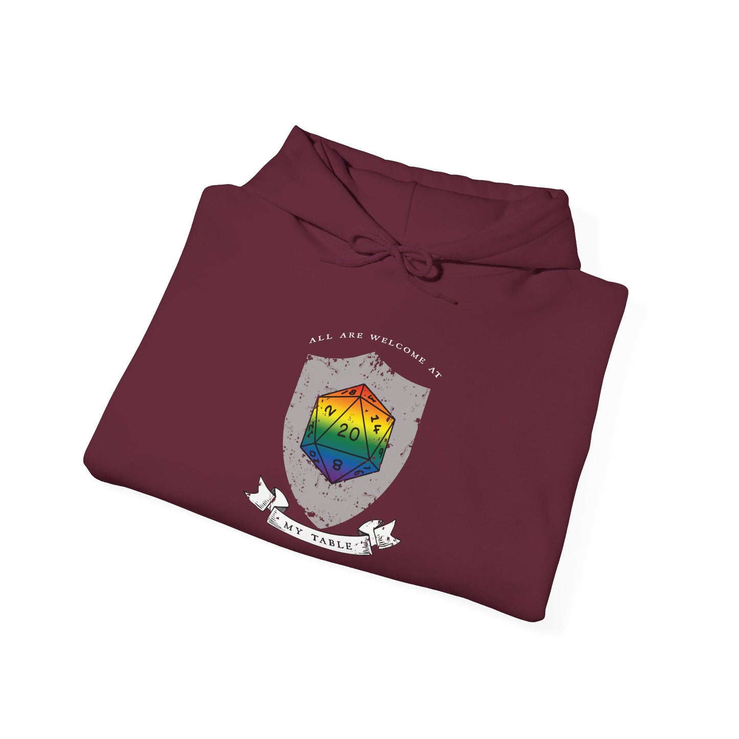 All Are Welcome At My Table | Ally | Game Master| Dungeon Master | Nerdy Pride Flag D20 T-Shirt | Unisex Heavy Blend™ Hooded Sweatshirt