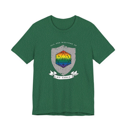 All Are Welcome At My Table | Ally | Game Mater| Dungeon Master | Pride Flag D20 T-Shirt | Unisex T-Shirt | Nerdy Non-Binary Pride