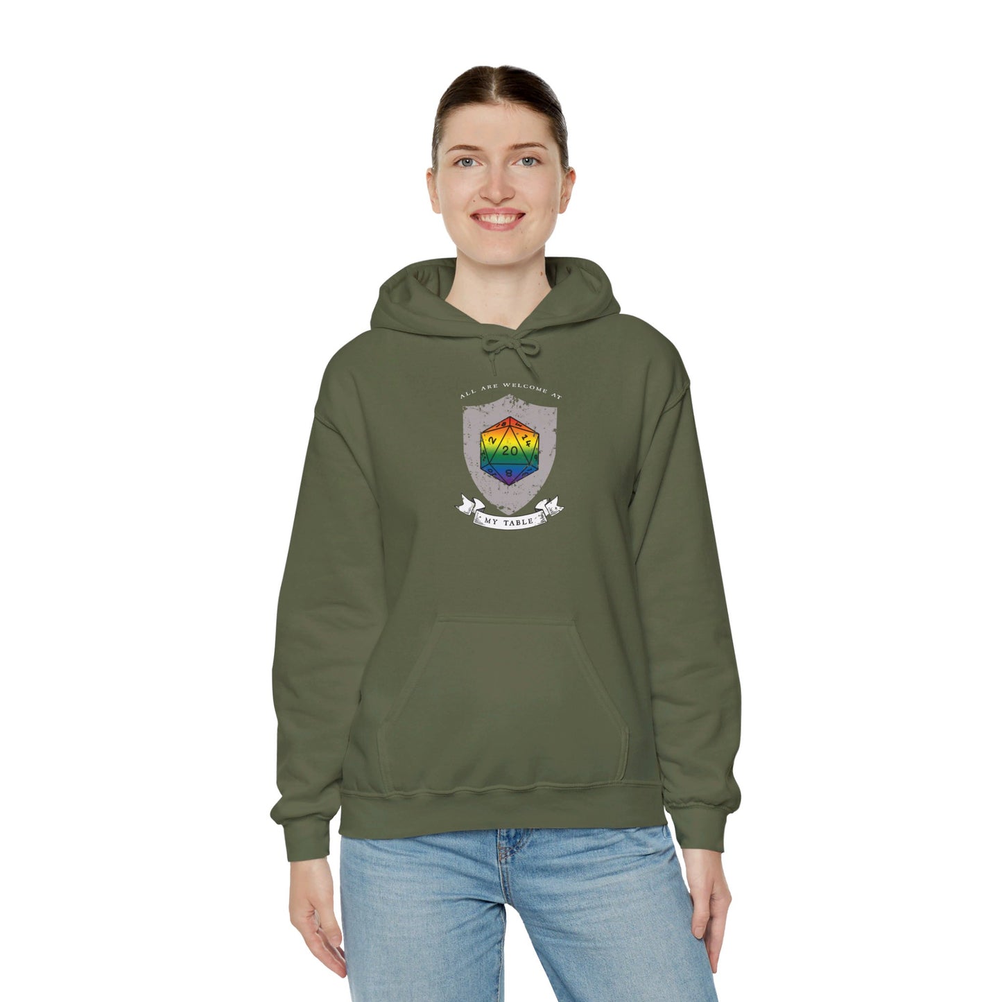 All Are Welcome At My Table | Ally | Game Master| Dungeon Master | Nerdy Pride Flag D20 T-Shirt | Unisex Heavy Blend™ Hooded Sweatshirt