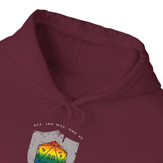 All Are Welcome At My Table | Ally | Game Master| Dungeon Master | Nerdy Pride Flag D20 T-Shirt | Unisex Heavy Blend™ Hooded Sweatshirt