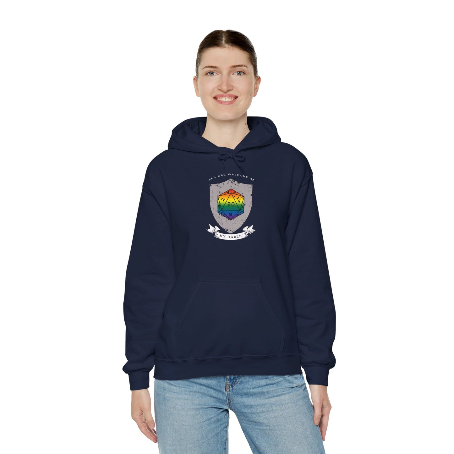 All Are Welcome At My Table | Ally | Game Master| Dungeon Master | Nerdy Pride Flag D20 T-Shirt | Unisex Heavy Blend™ Hooded Sweatshirt