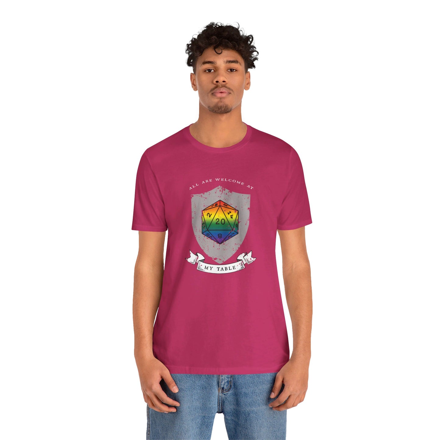 All Are Welcome At My Table | Ally | Game Mater| Dungeon Master | Pride Flag D20 T-Shirt | Unisex T-Shirt | Nerdy Non-Binary Pride