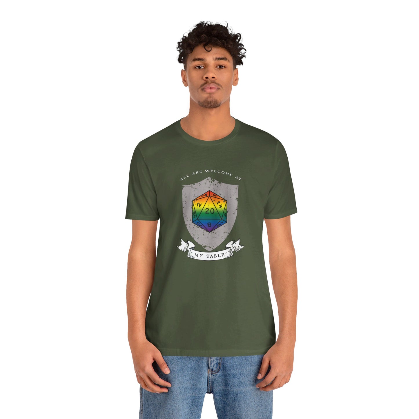 All Are Welcome At My Table | Ally | Game Mater| Dungeon Master | Pride Flag D20 T-Shirt | Unisex T-Shirt | Nerdy Non-Binary Pride