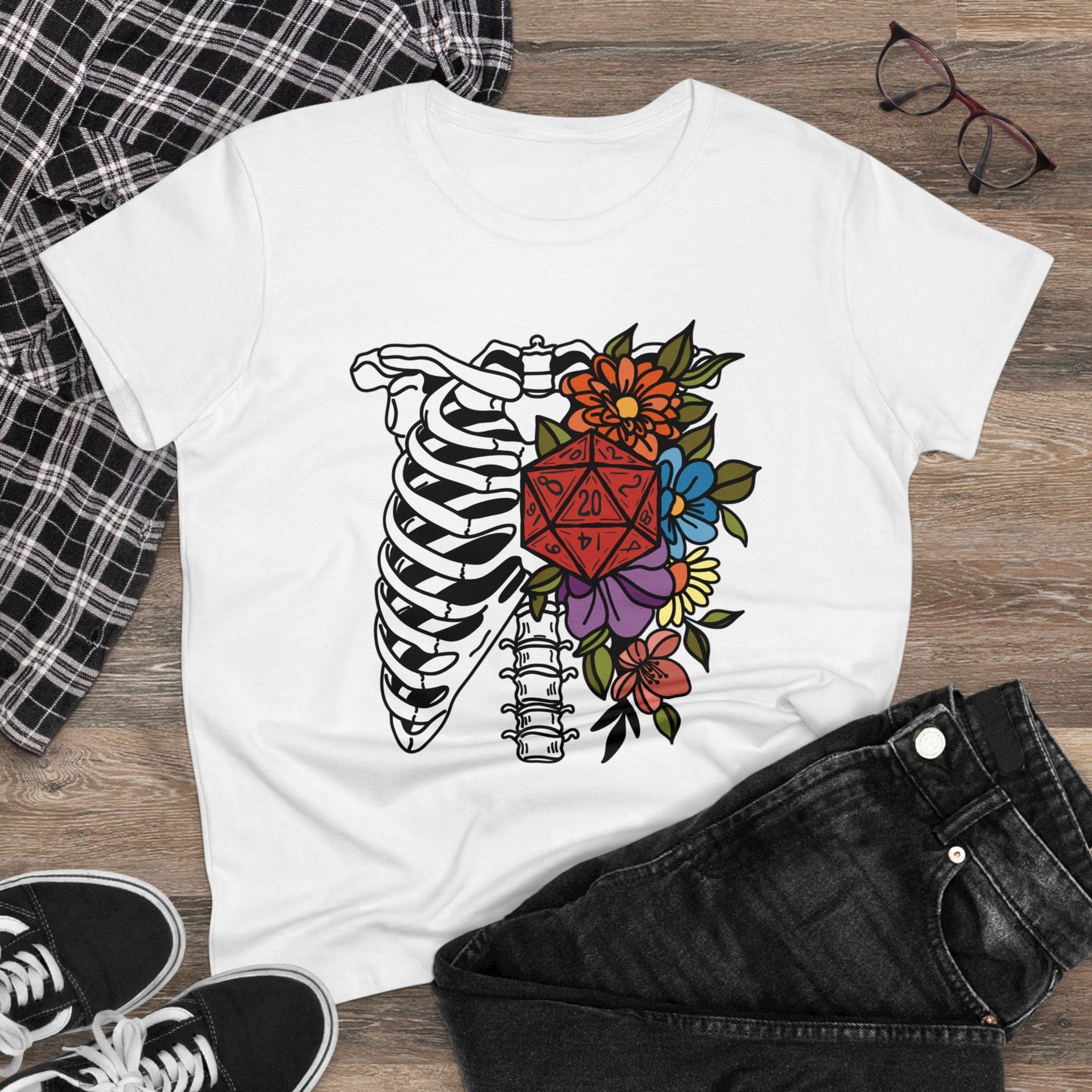 D20 Floral Skeleton Ribcage Women's Midweight Cotton Tee