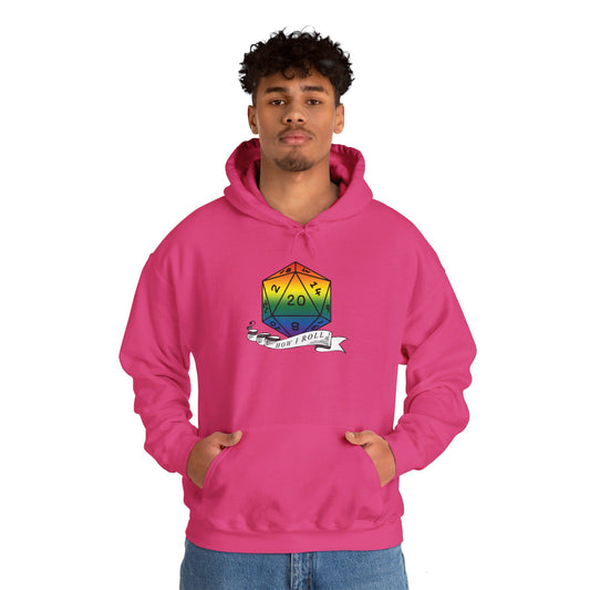 Nerdy Rainbow Flag Pride | How I Roll | Pride Flag D20 Hoodie | Unisex Heavy Blend™ Hooded Sweatshirt