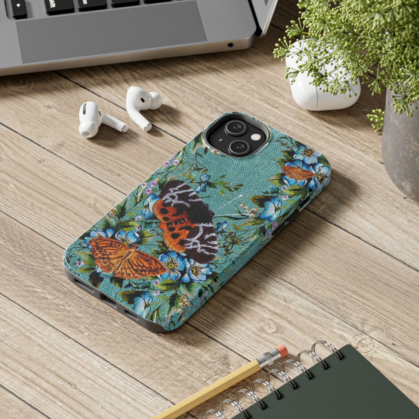 Vintage Blooms and Butterflies Phone Case Embroidered Look Floral Cottagecore Phone Cover, iPhone, Pixel, Samsung