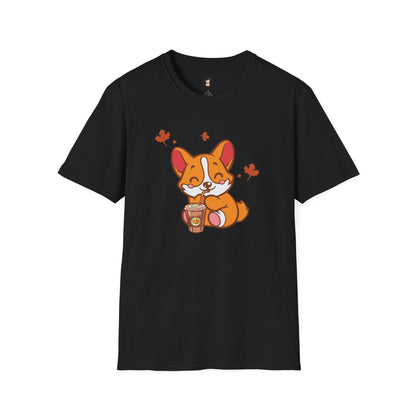 Cute Corgi, Coffee Lover tee Shirt, Halloween Fall Pumpkin Spice Latte, Unisex Softstyle T-Shirt