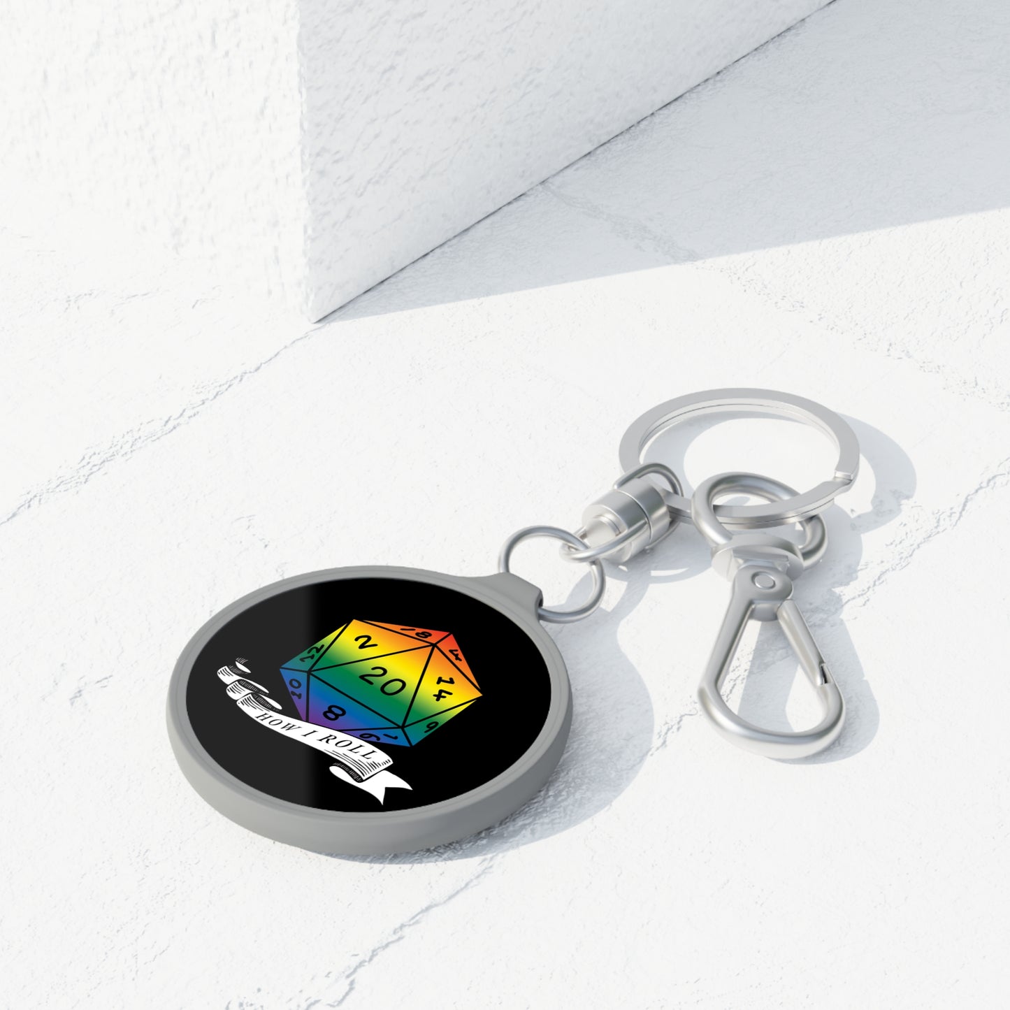 D20 Rainbow Pride Flag Keychain, "How I Roll", LGBTQ Pride Keyring Bag Tag
