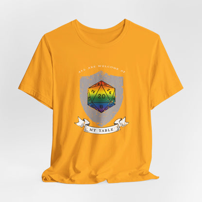 All Are Welcome At My Table | Ally | Game Mater| Dungeon Master | Pride Flag D20 T-Shirt | Unisex T-Shirt | Nerdy Non-Binary Pride