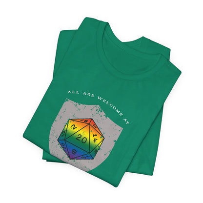 All Are Welcome At My Table | Ally | Game Mater| Dungeon Master | Pride Flag D20 T-Shirt | Unisex T-Shirt | Nerdy Non-Binary Pride