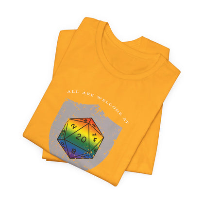 All Are Welcome At My Table | Ally | Game Mater| Dungeon Master | Pride Flag D20 T-Shirt | Unisex T-Shirt | Nerdy Non-Binary Pride