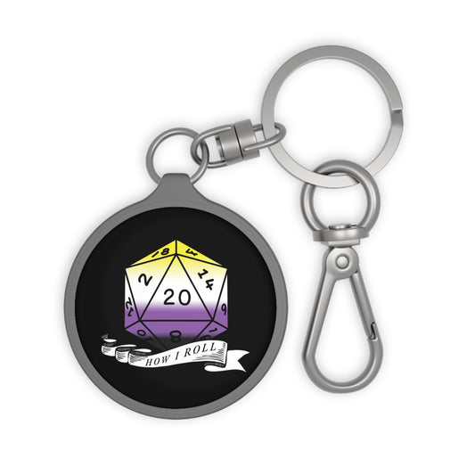 D20 Non-binary Pride Flag Keychain, "How I Roll", LGBTQ Pride Keyring Bag Tag