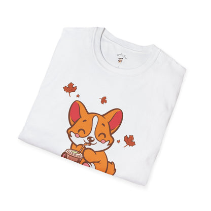 Cute Corgi, Coffee Lover tee Shirt, Halloween Fall Pumpkin Spice Latte, Unisex Softstyle T-Shirt