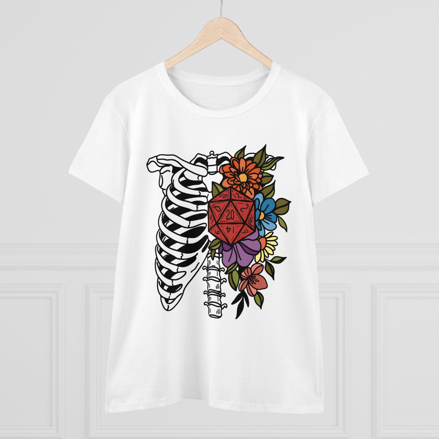 D20 Floral Skeleton Ribcage Women's Midweight Cotton Tee