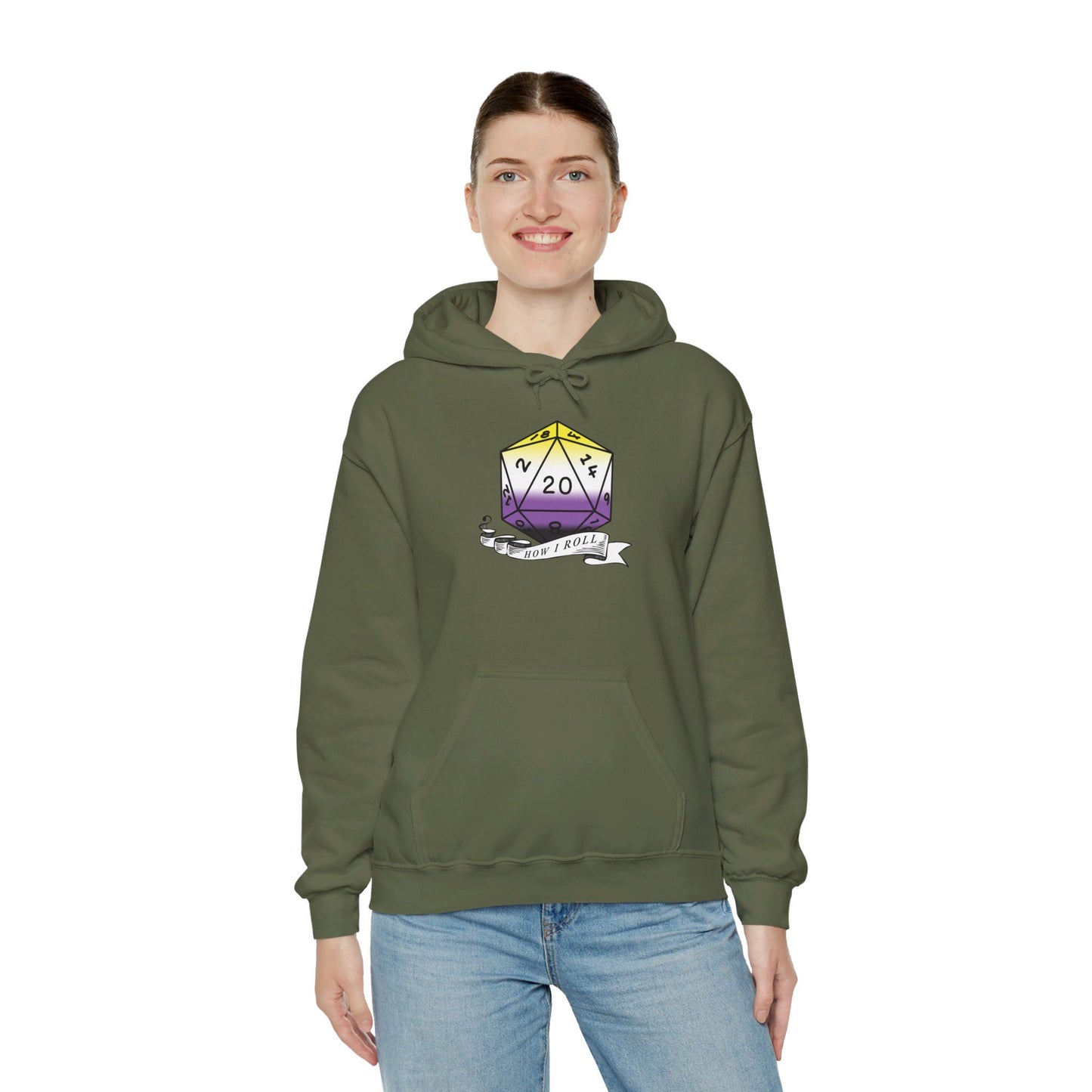 Nerdy Non-Binary Flag Pride | How I Roll | Pride Flag D20 Hoodie | Unisex Heavy Blend™ Hooded Sweatshirt