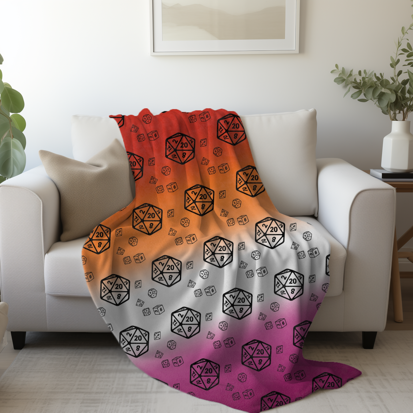 D20 Lesbian Pride Flag Lightweight Velveteen Microfiber Blanket TTRPG Gamer Gift