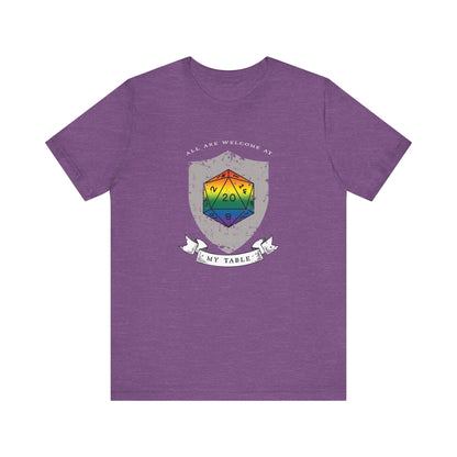 All Are Welcome At My Table | Ally | Game Mater| Dungeon Master | Pride Flag D20 T-Shirt | Unisex T-Shirt | Nerdy Non-Binary Pride