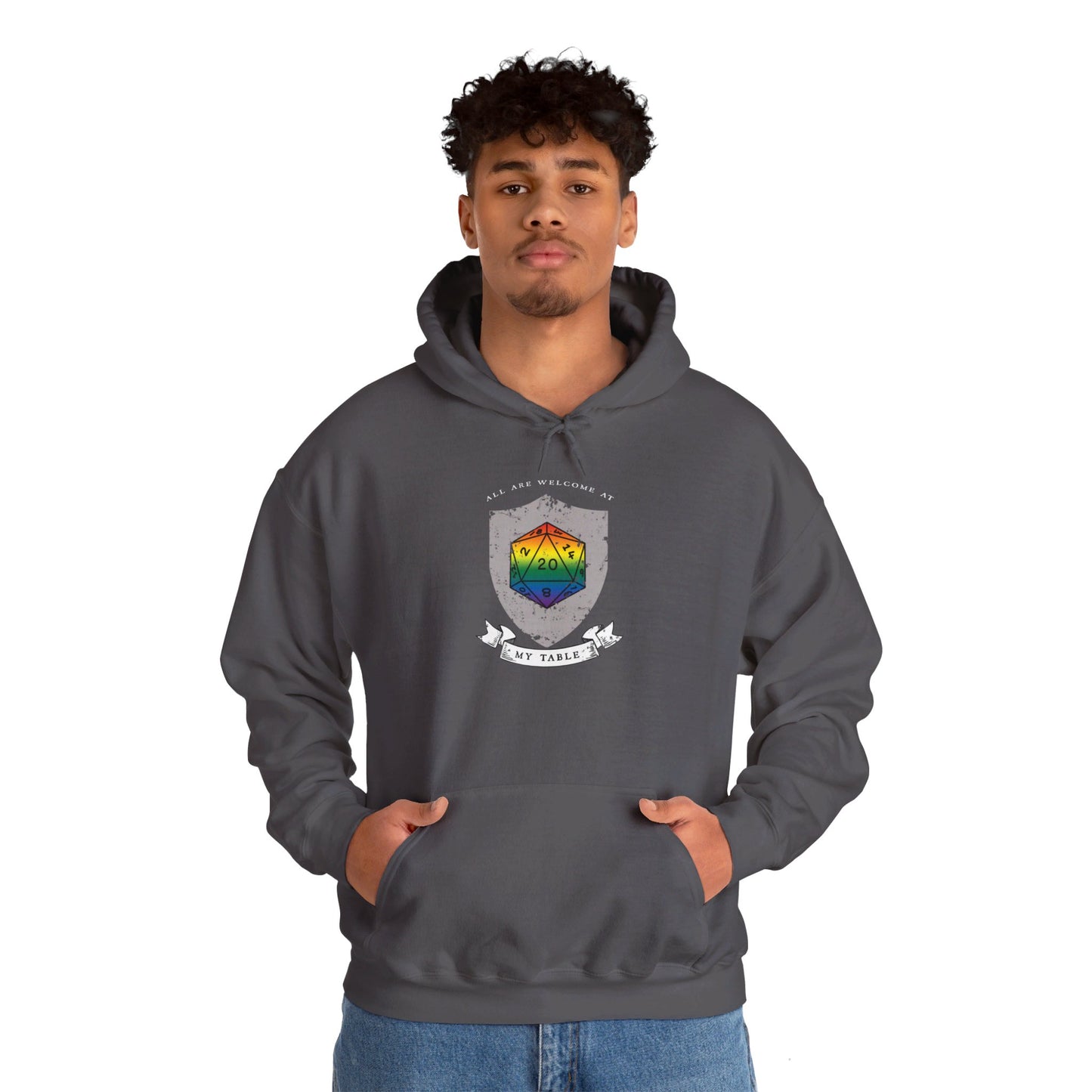 All Are Welcome At My Table | Ally | Game Master| Dungeon Master | Nerdy Pride Flag D20 T-Shirt | Unisex Heavy Blend™ Hooded Sweatshirt