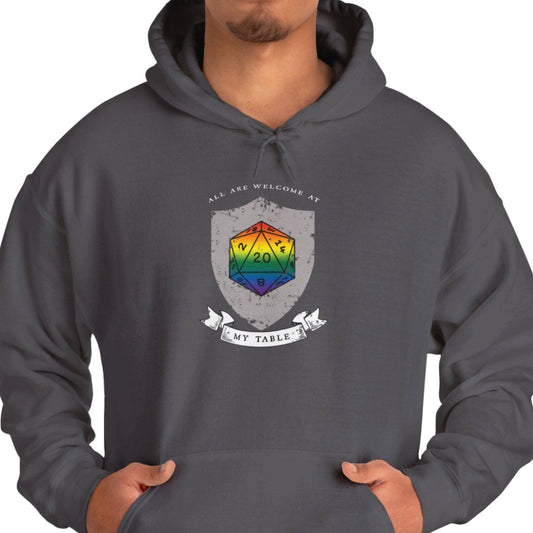 All Are Welcome At My Table | Ally | Game Master| Dungeon Master | Nerdy Pride Flag D20 T-Shirt | Unisex Heavy Blend™ Hooded Sweatshirt