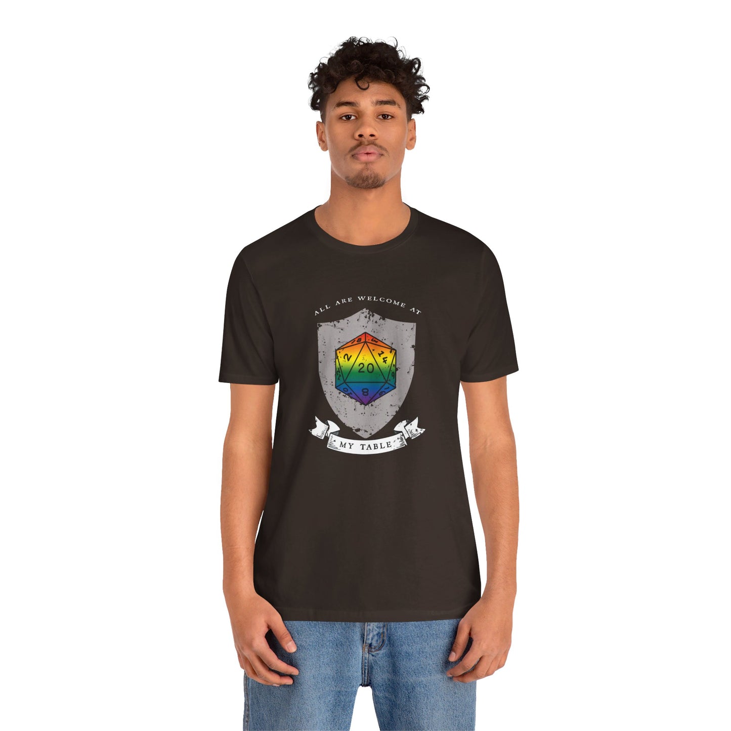 All Are Welcome At My Table | Ally | Game Mater| Dungeon Master | Pride Flag D20 T-Shirt | Unisex T-Shirt | Nerdy Non-Binary Pride