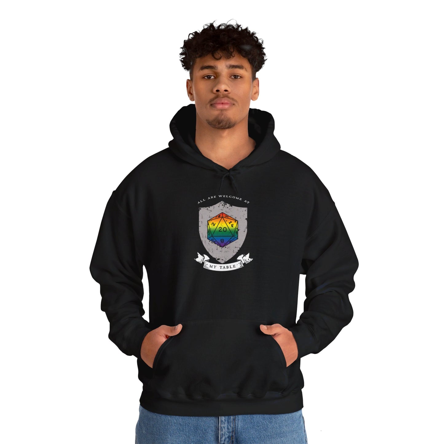 All Are Welcome At My Table | Ally | Game Master| Dungeon Master | Nerdy Pride Flag D20 T-Shirt | Unisex Heavy Blend™ Hooded Sweatshirt