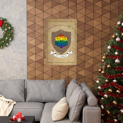 TTRPG D20 Pride Flag All Are Welcome At My Table Matte Vertical Poster