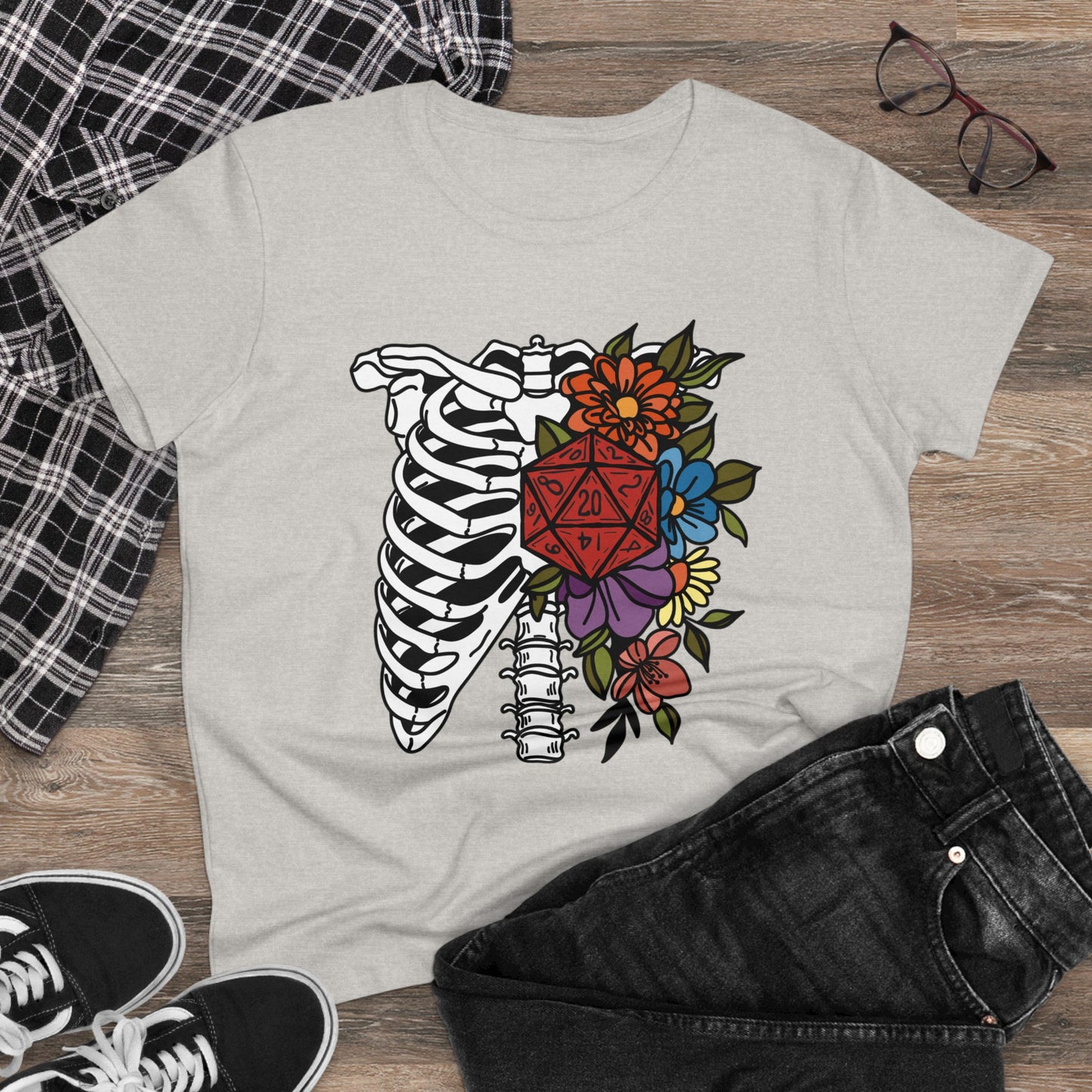 D20 Floral Skeleton Ribcage Women's Midweight Cotton Tee