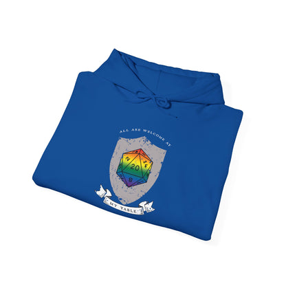 All Are Welcome At My Table | Ally | Game Master| Dungeon Master | Nerdy Pride Flag D20 T-Shirt | Unisex Heavy Blend™ Hooded Sweatshirt