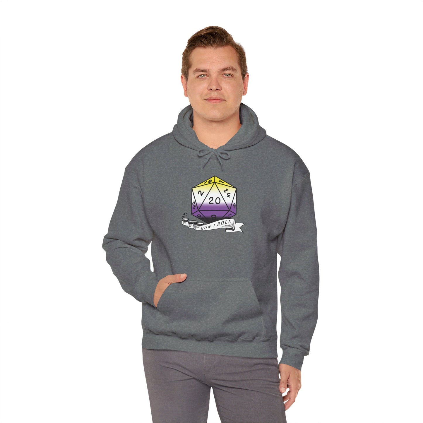 Nerdy Non-Binary Flag Pride | How I Roll | Pride Flag D20 Hoodie | Unisex Heavy Blend™ Hooded Sweatshirt