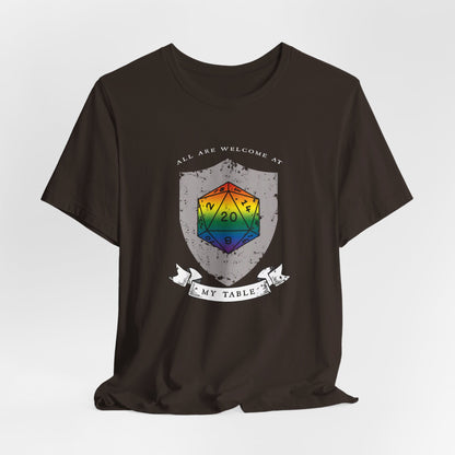 All Are Welcome At My Table | Ally | Game Mater| Dungeon Master | Pride Flag D20 T-Shirt | Unisex T-Shirt | Nerdy Non-Binary Pride