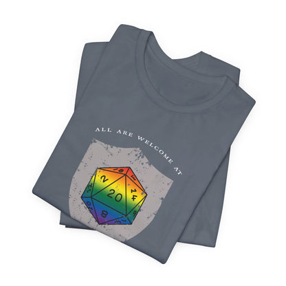 All Are Welcome At My Table | Ally | Game Mater| Dungeon Master | Pride Flag D20 T-Shirt | Unisex T-Shirt | Nerdy Non-Binary Pride